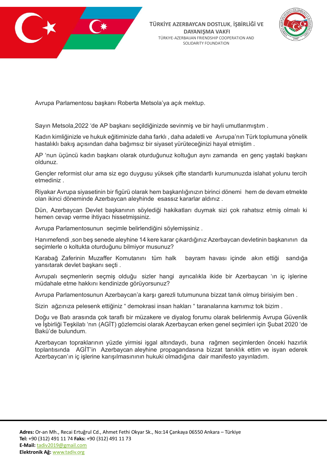 Prof. Dr. Aygün Attar'dan Roberta Metsola'ya açık mektup