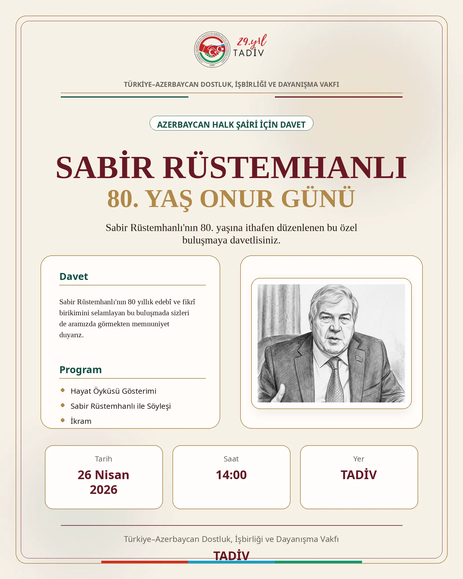 Sabir Rüstemhanlı 80. Yaş Onur Günü yarın TADİV'de düzenleniyor